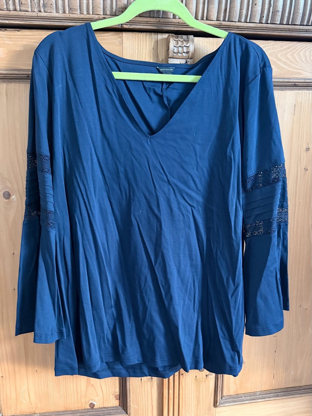 NWOT Ann Taylor Black V-Neck Long Sleeve Top with Lace Sleeve Panels